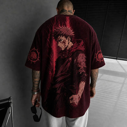 Unisex Anime Print Short-Sleeve Corduroy T-Shirt