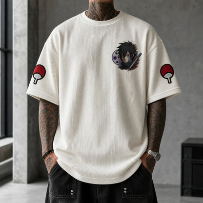Unisex Oversized Anime-Print Vertical-Stripe Short-Sleeve T-Shirt