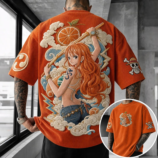 Unisex Anime-Style Retro Corduroy Oversized T-Shirt