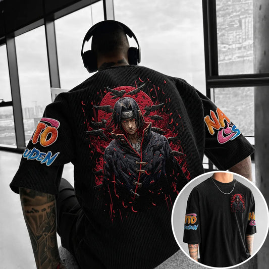 Unisex Anime-Style Retro Corduroy Oversized T-Shirt