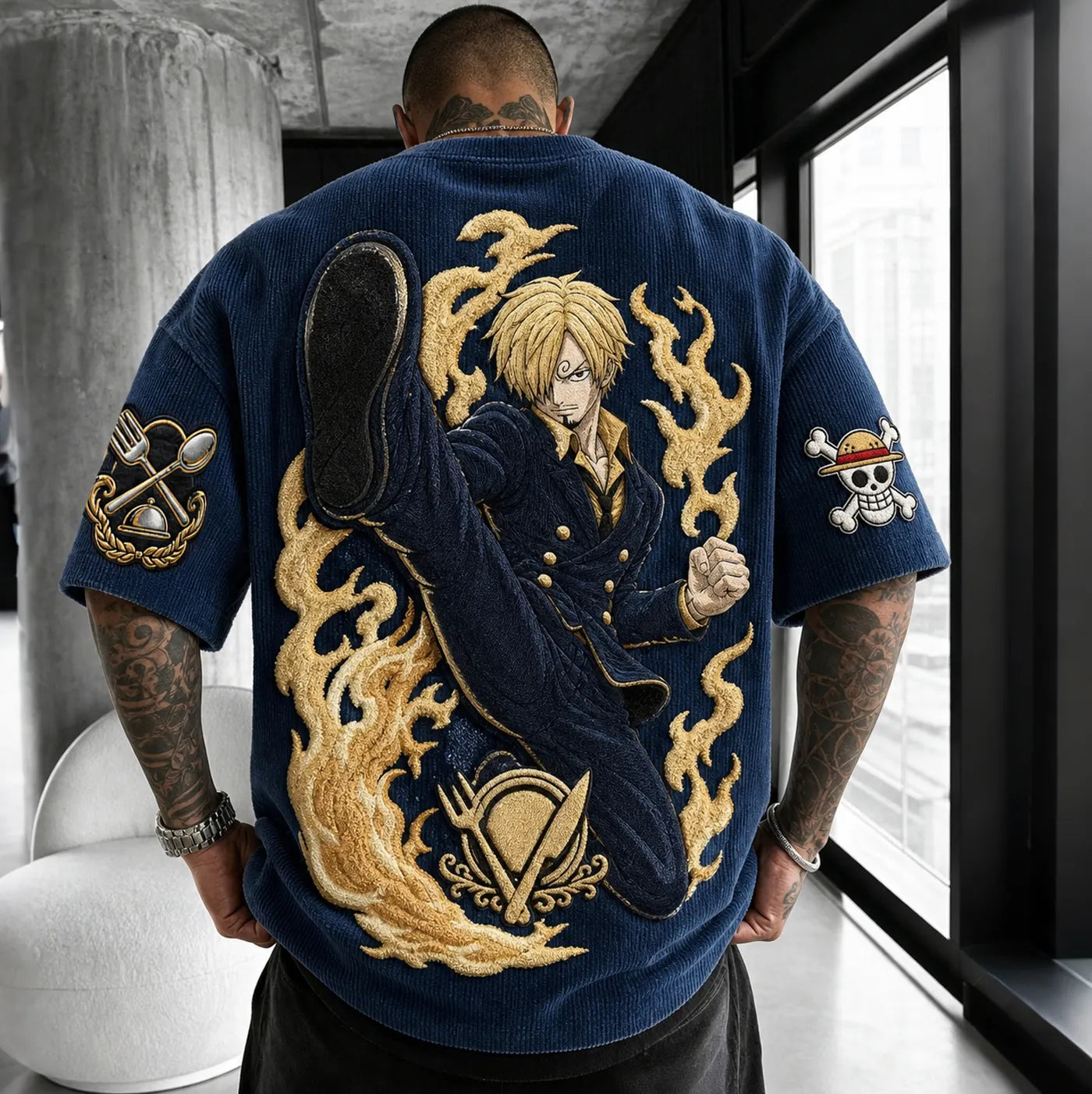 Premium Cotton-Blend Corduroy T-Shirt with Anime Character Embroidery – Oversized Short Sleeve Graphic Tee for Streetwear Style
