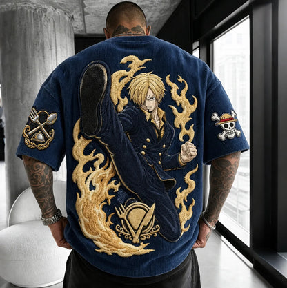 Premium Cotton-Blend Corduroy T-Shirt with Anime Character Embroidery – Oversized Short Sleeve Graphic Tee for Streetwear Style