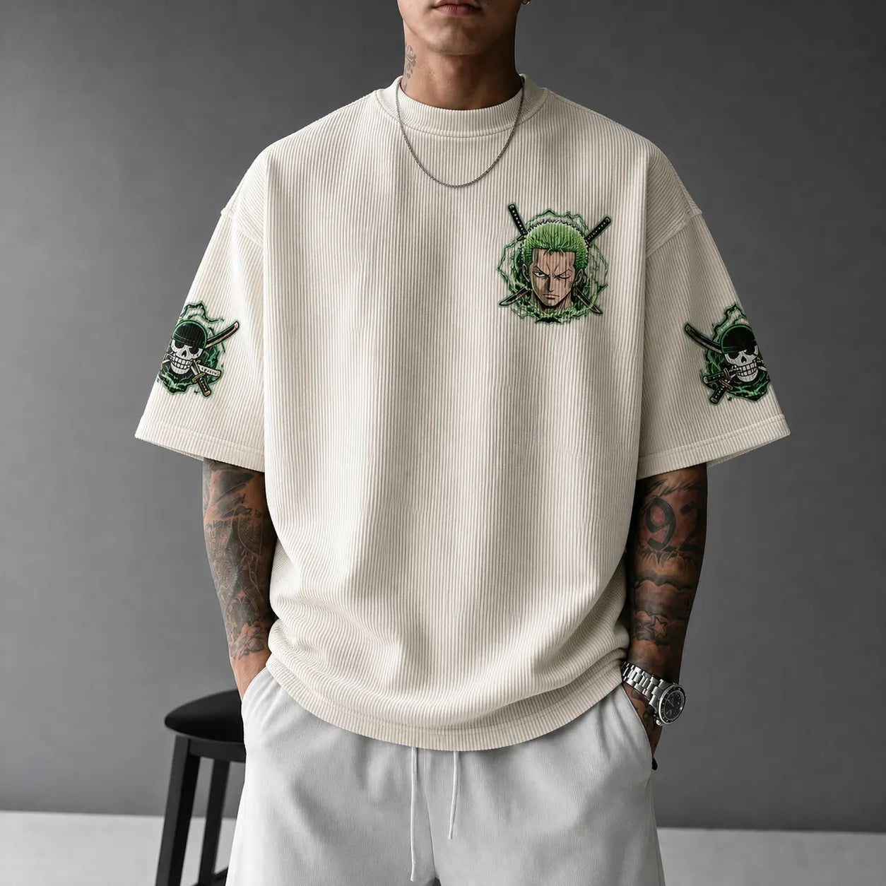 Unisex Oversized Anime-Print Vertical-Stripe Short-Sleeve T-Shirt