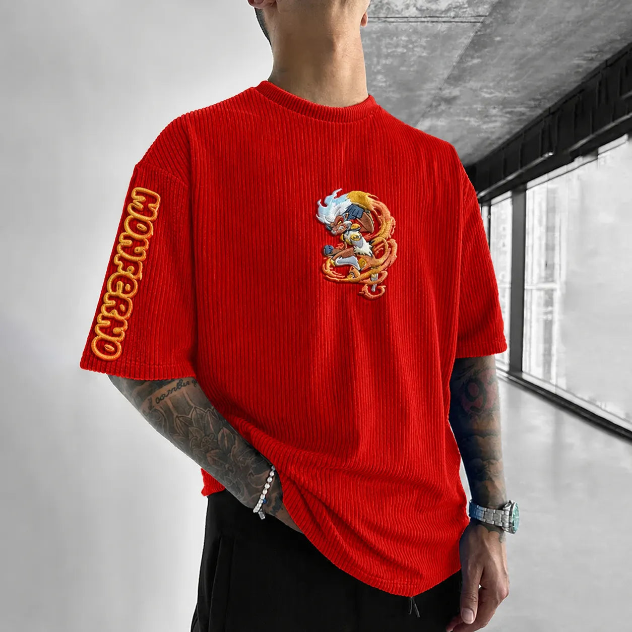 Unisex Anime-Style Retro Corduroy Oversized T-Shirt