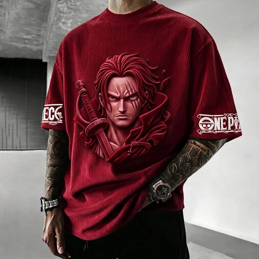 Unisex Anime-Style Retro Corduroy Oversized T-Shirt