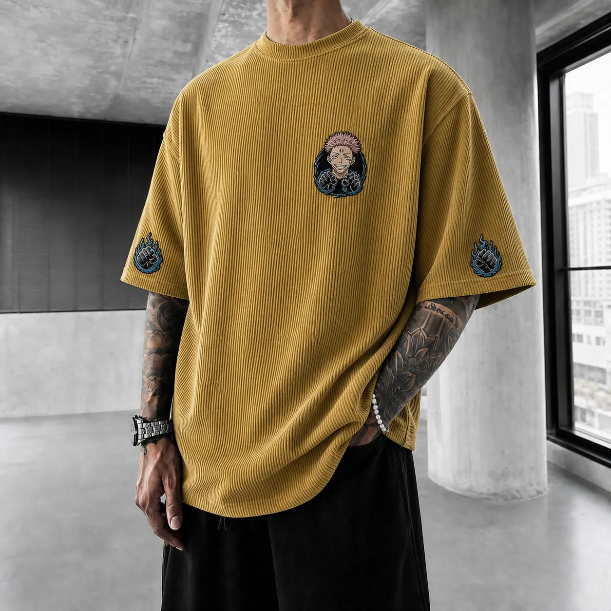 Unisex Anime Print Short-Sleeve Corduroy T-Shirt