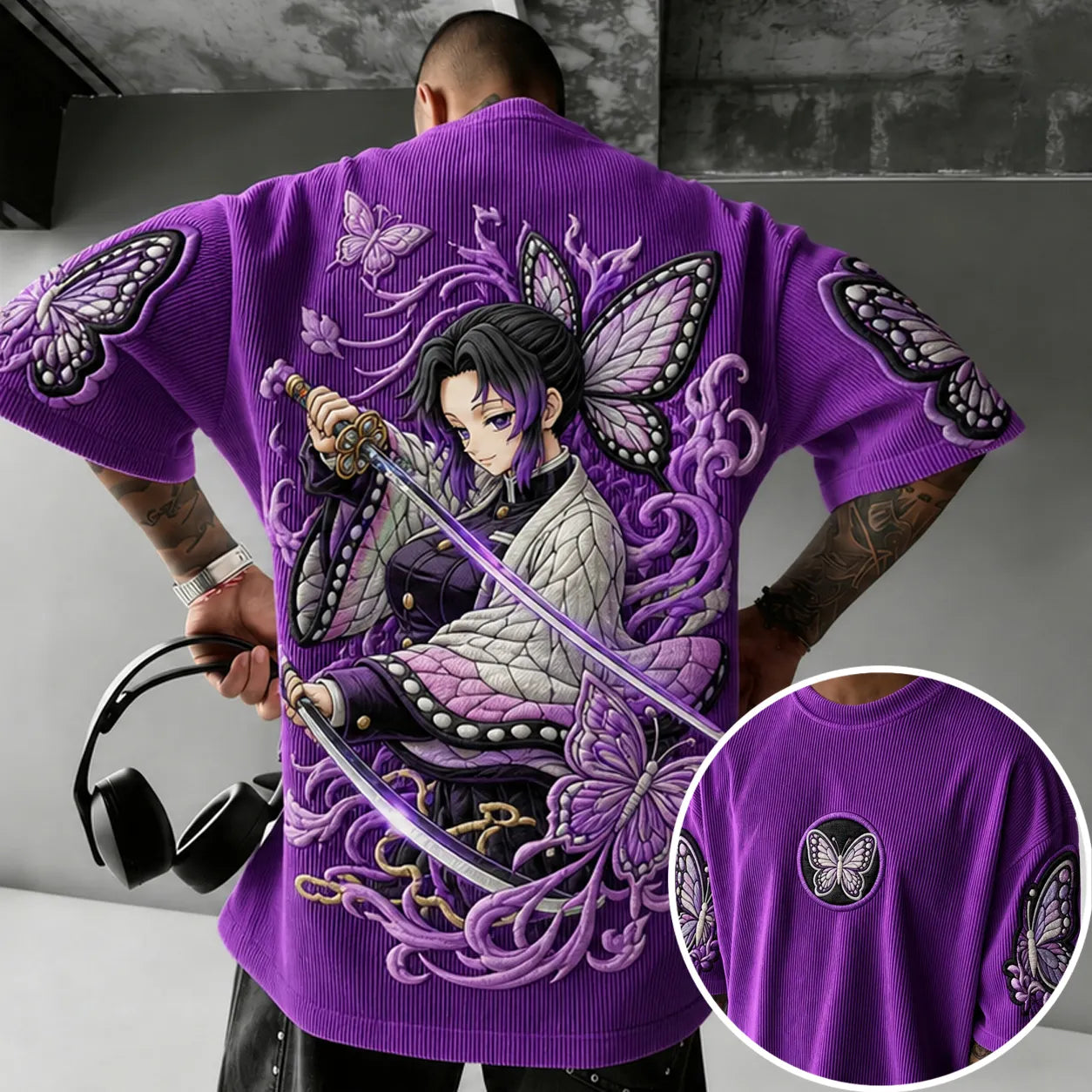 Unisex Anime-Style Retro Corduroy Oversized T-Shirt