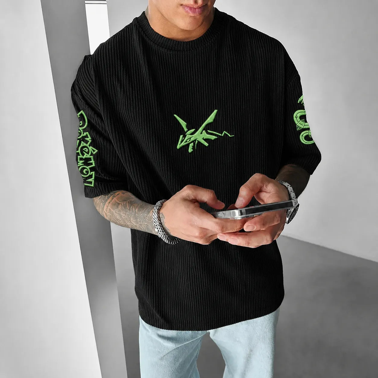 Unisex Anime-Style Retro Corduroy Oversized T-Shirt