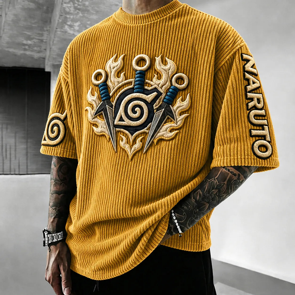 Unisex Anime-Style Retro Corduroy Oversized T-Shirt