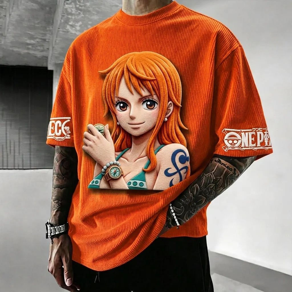 Unisex Anime-Style Retro Corduroy Oversized T-Shirt
