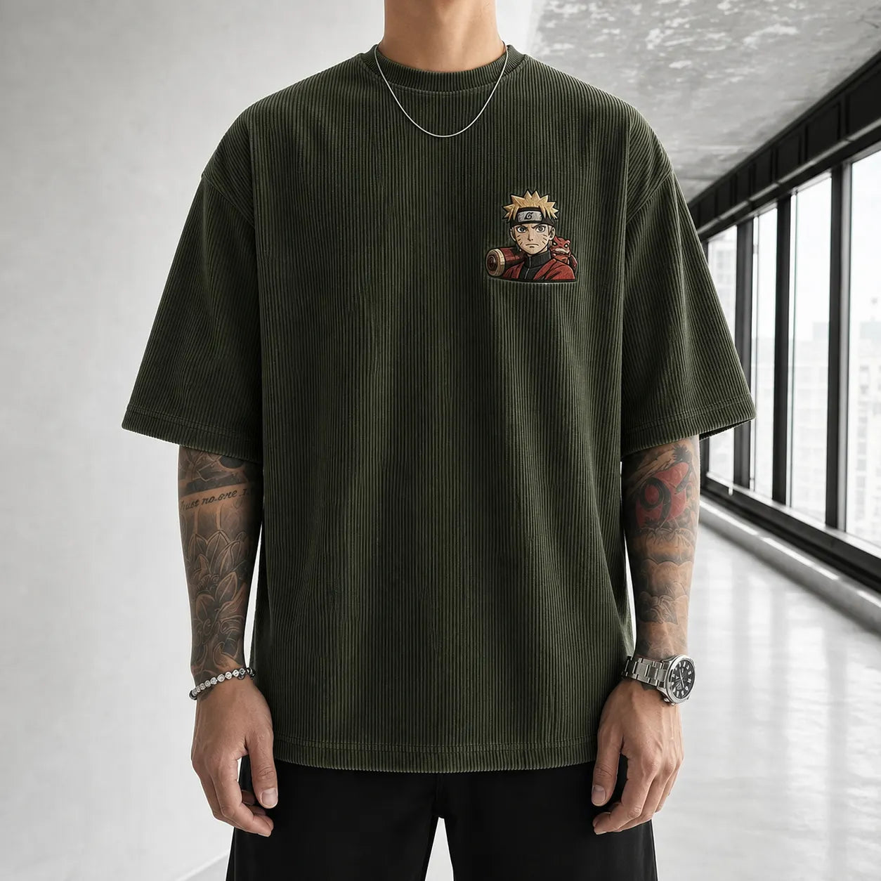 Unisex Oversized Anime-Print Vertical-Stripe Short-Sleeve T-Shirt