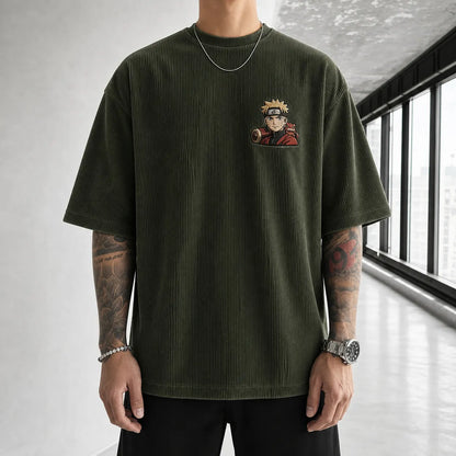 Unisex Oversized Anime-Print Vertical-Stripe Short-Sleeve T-Shirt