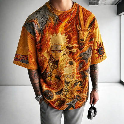 Unisex Oversized Anime-Print Vertical-Stripe Short-Sleeve T-Shirt