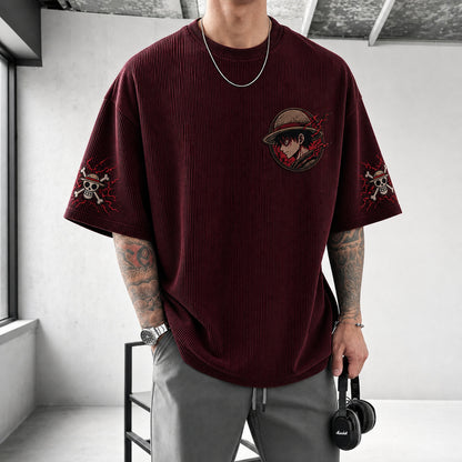 Premium Cotton-Blend Corduroy T-Shirt with Embroidered Patch – Oversized Graphic Tee for Casual Streetwear