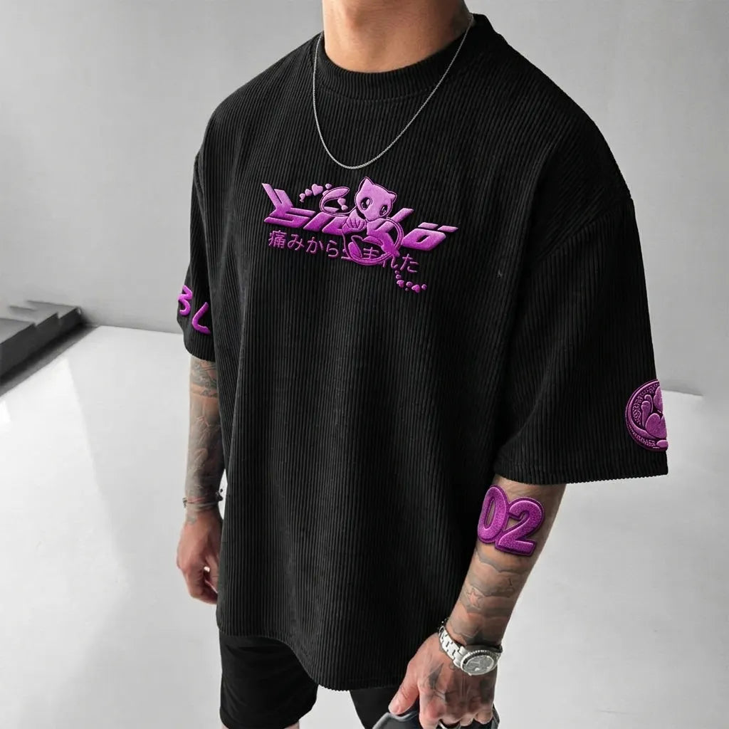 Unisex Anime-Style Retro Corduroy Oversized T-Shirt