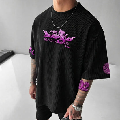 Unisex Anime-Style Retro Corduroy Oversized T-Shirt