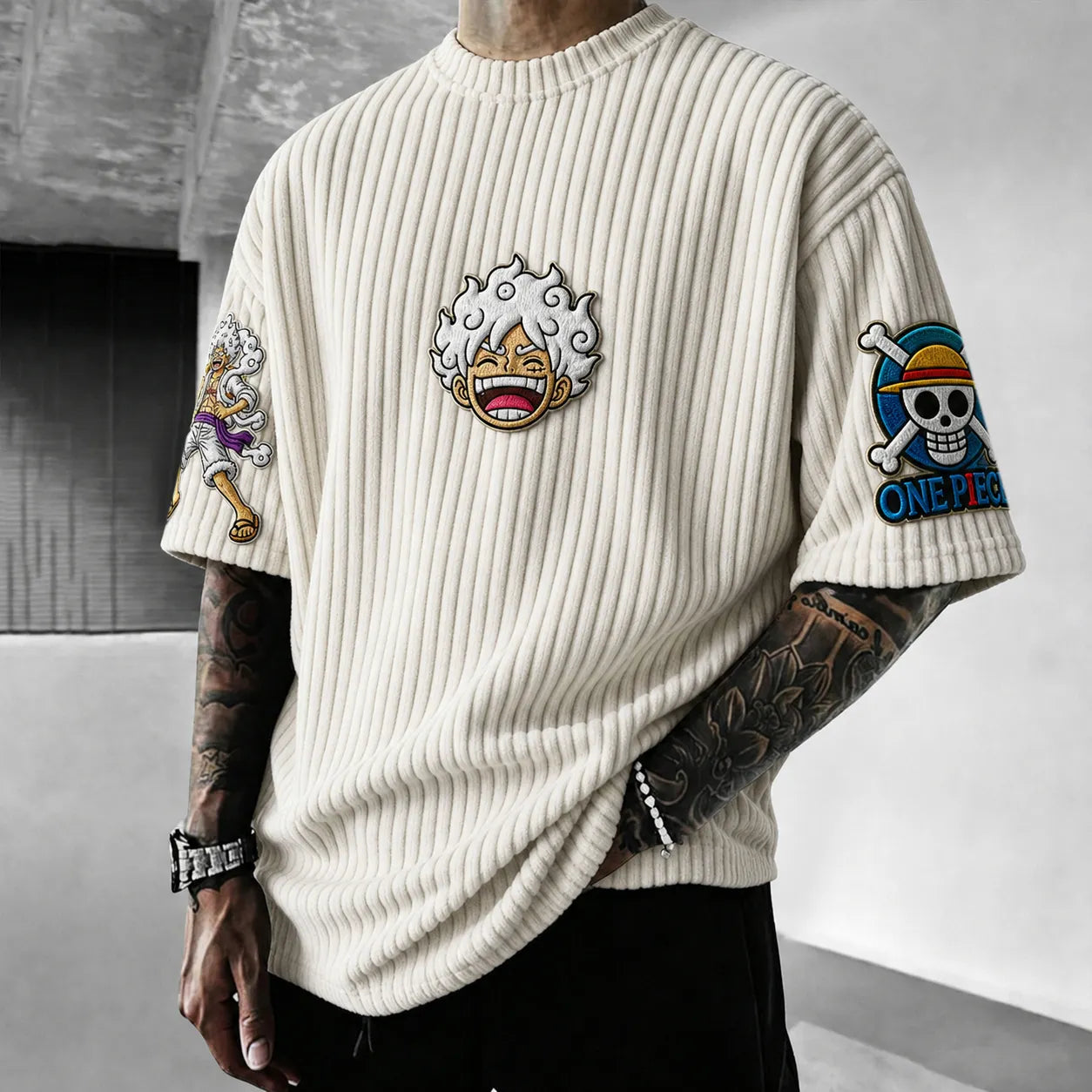 Premium Cotton-Blend Ribbed Knit T-Shirt with Anime Character Embroidery – Oversized Crewneck Streetwear Top