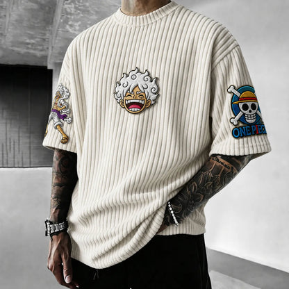Premium Cotton-Blend Ribbed Knit T-Shirt with Anime Character Embroidery – Oversized Crewneck Streetwear Top