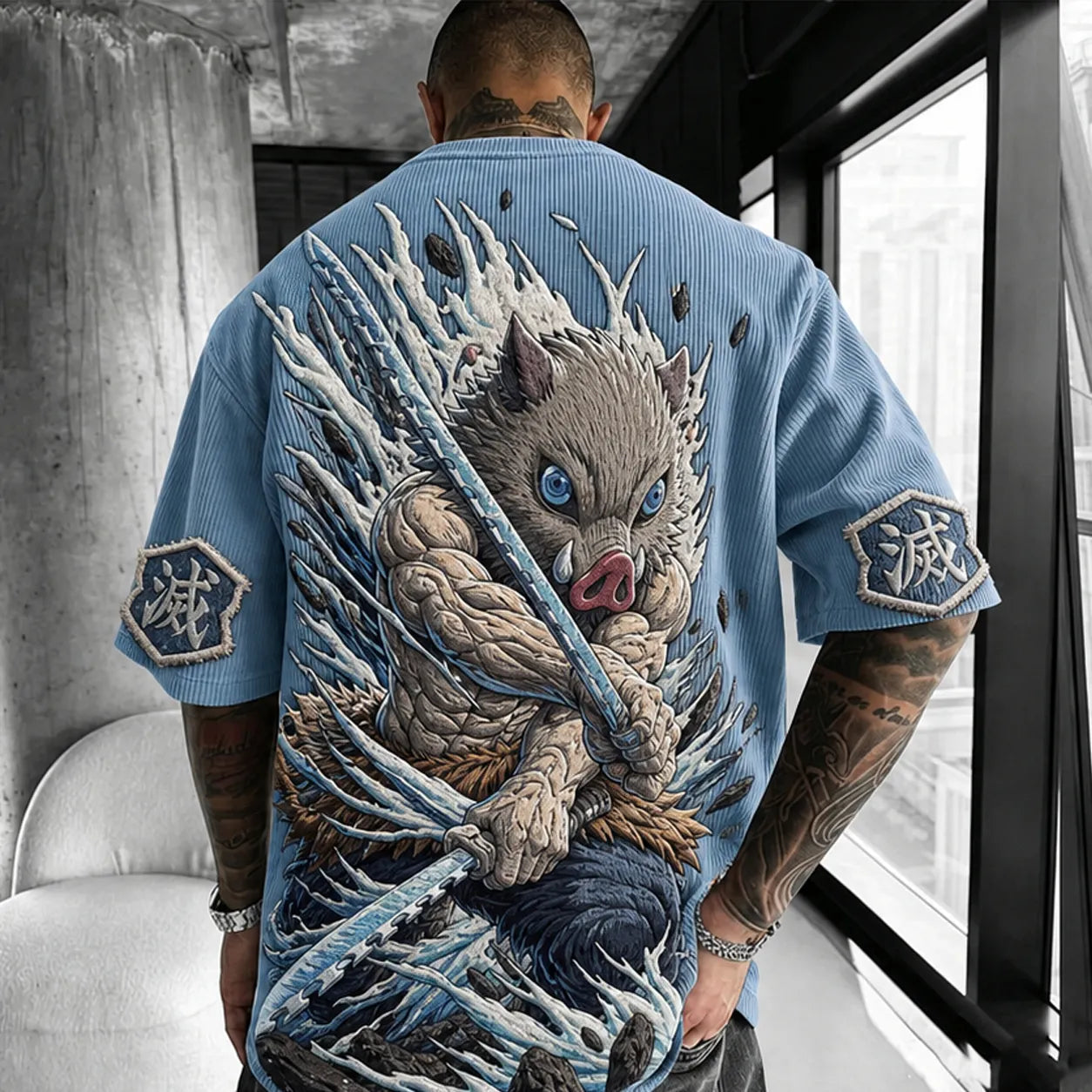 Unisex Anime-Style Retro Corduroy Oversized T-Shirt