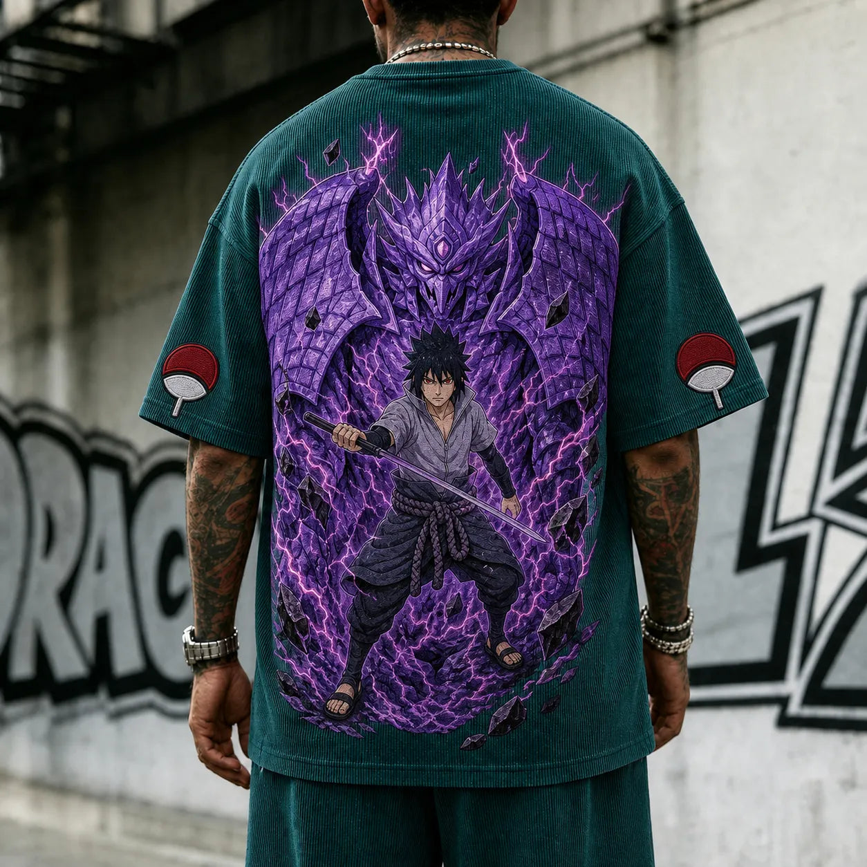 Unisex Oversized Anime-Print Vertical-Stripe Short-Sleeve T-Shirt