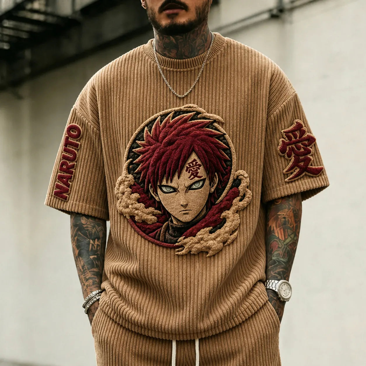 Unisex Anime-Style Retro Corduroy Oversized T-Shirt