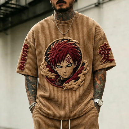 Unisex Anime-Style Retro Corduroy Oversized T-Shirt