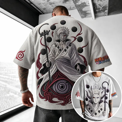 Unisex Oversized Anime-Print Vertical-Stripe Short-Sleeve T-Shirt