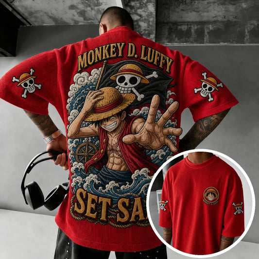 Premium Cotton-Blend Corduroy T-Shirt with Embroidered Patch – Oversized Graphic Tee for Casual Streetwear