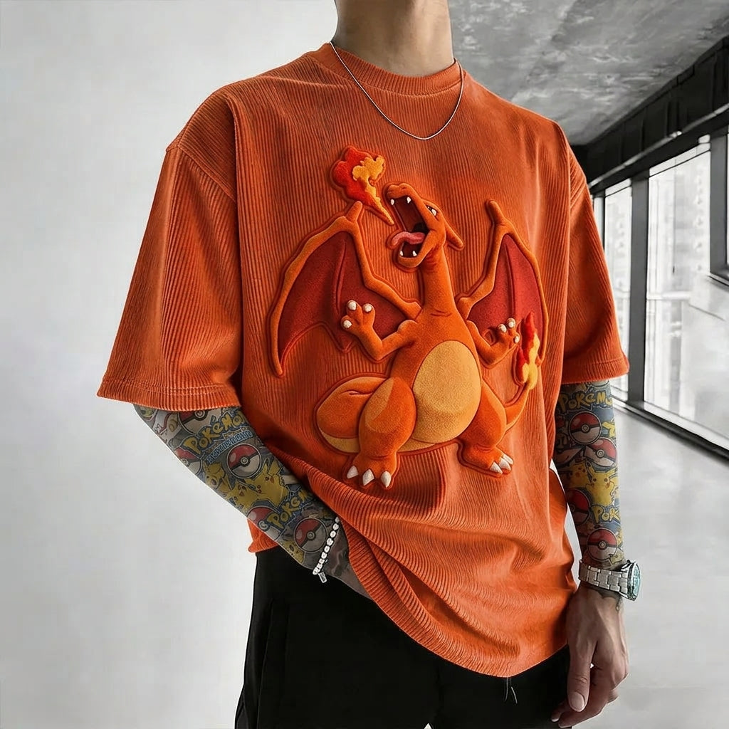 Unisex Anime-Style Retro Corduroy Oversized T-Shirt