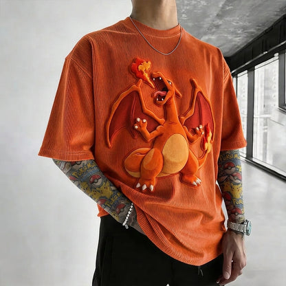 Unisex Anime-Style Retro Corduroy Oversized T-Shirt