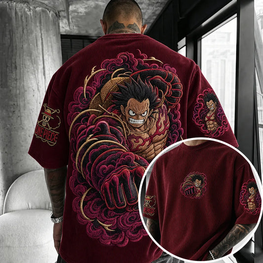Premium Cotton-Blend Corduroy T-Shirt with Embroidered Luffy Design – Oversized Graphic Tee for Casual Wear