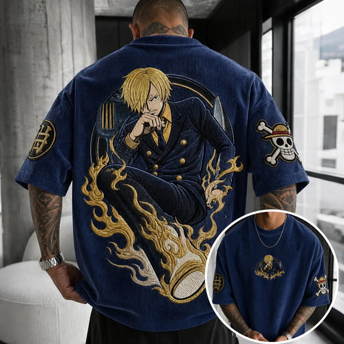 Unisex Anime-Style Retro Corduroy Oversized T-Shirt