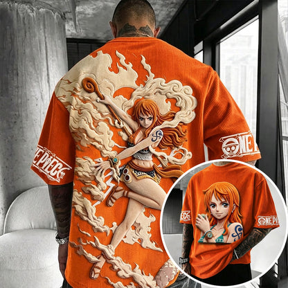 Unisex Anime-Style Retro Corduroy Oversized T-Shirt
