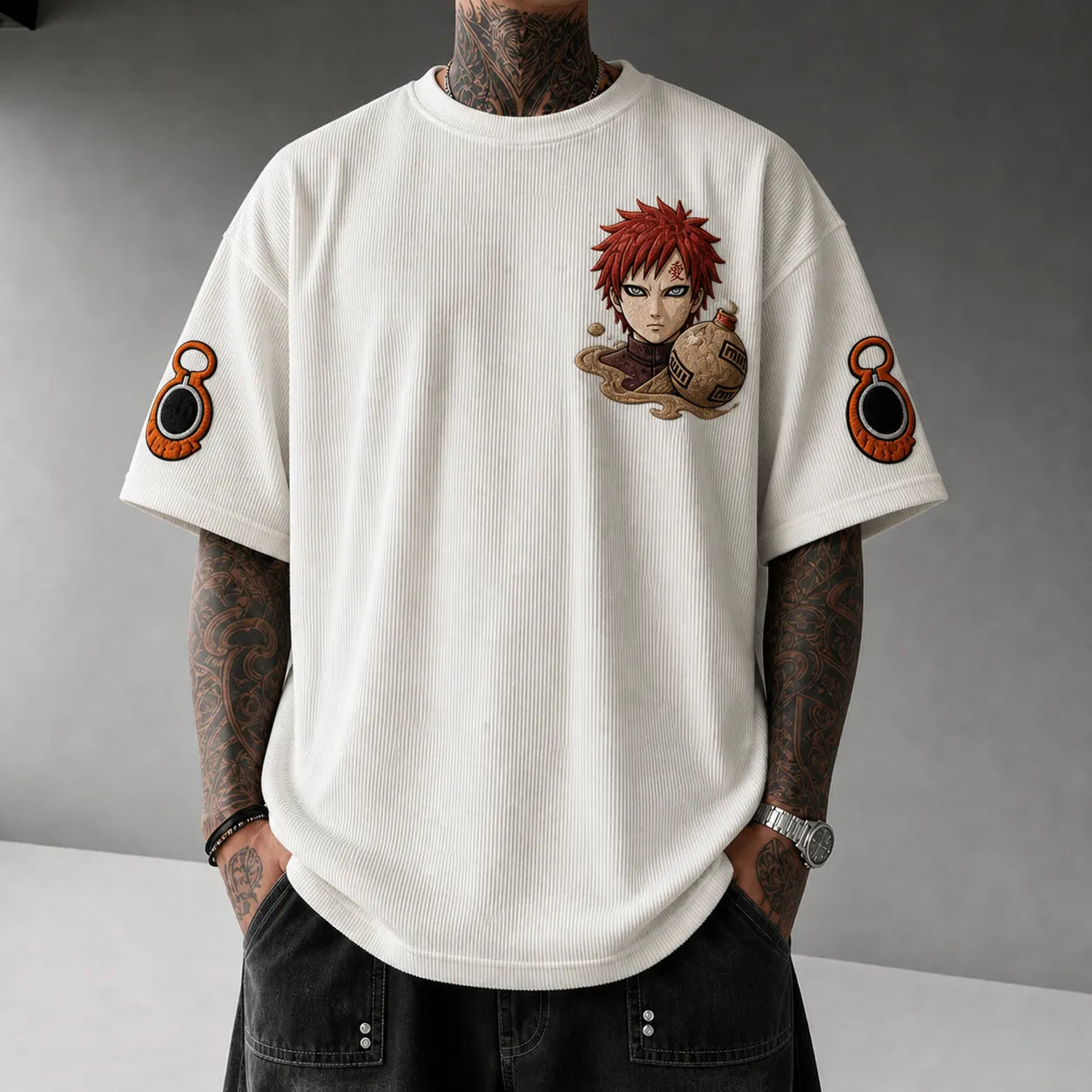 Unisex Oversized Anime-Print Vertical-Stripe Short-Sleeve T-Shirt