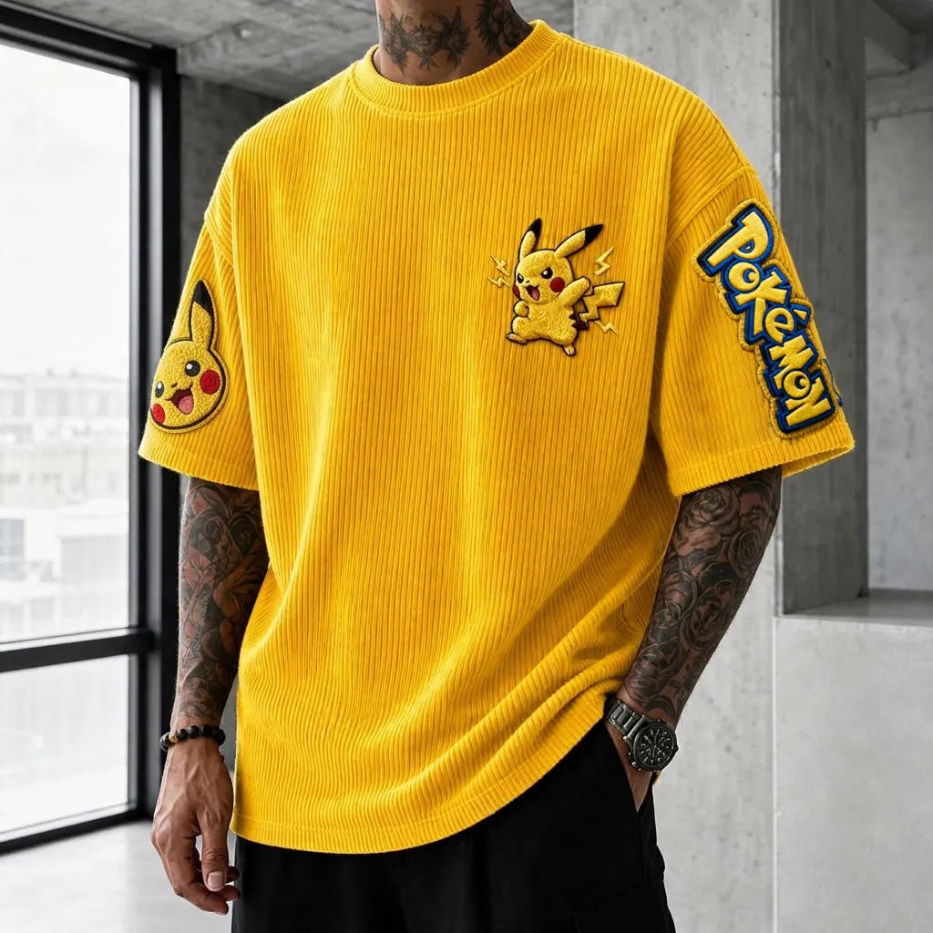 Unisex Anime-Style Retro Corduroy Oversized T-Shirt
