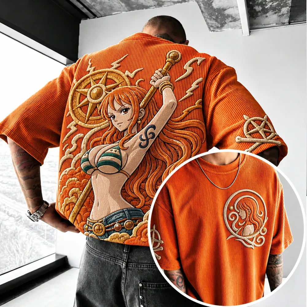 Unisex Anime-Style Retro Corduroy Oversized T-Shirt