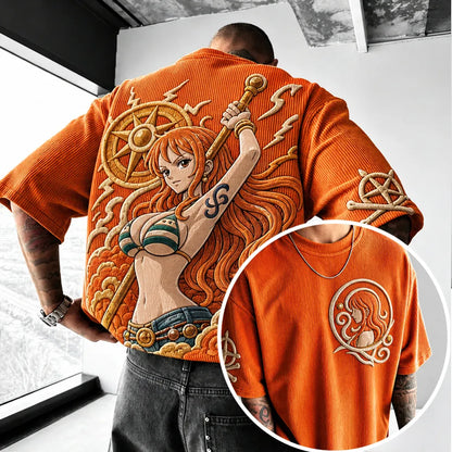 Unisex Anime-Style Retro Corduroy Oversized T-Shirt
