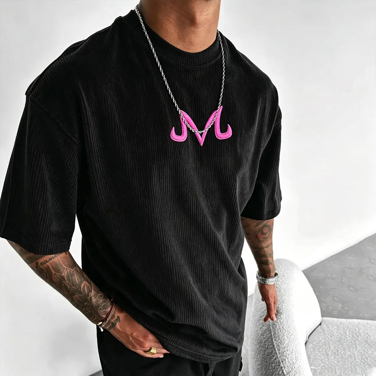 Anime-Inspired Vintage Waffle Knit T-Shirt