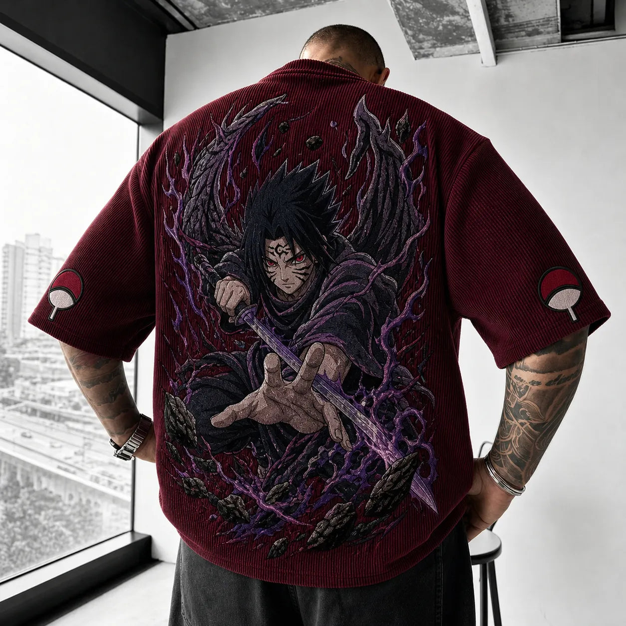 Unisex Oversized Anime-Print Vertical-Stripe Short-Sleeve T-Shirt