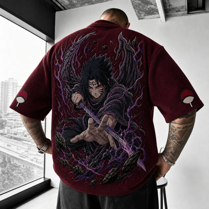 Unisex Oversized Anime-Print Vertical-Stripe Short-Sleeve T-Shirt