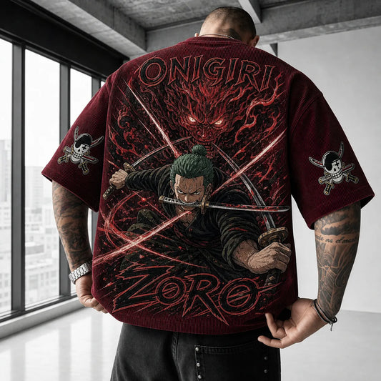 Unisex Oversized Anime-Print Vertical-Stripe Short-Sleeve T-Shirt