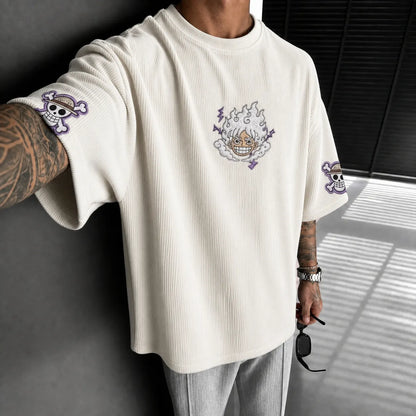 Premium Cotton-Blend Corduroy T-Shirt with Embroidered Patch – Oversized Graphic Tee for Casual Streetwear