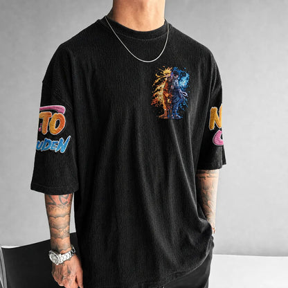 Unisex Anime-Style Retro Corduroy Oversized T-Shirt