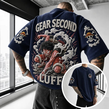 Premium Cotton-Blend Corduroy T-Shirt with Embroidered Patch – Oversized Graphic Tee for Casual Streetwear