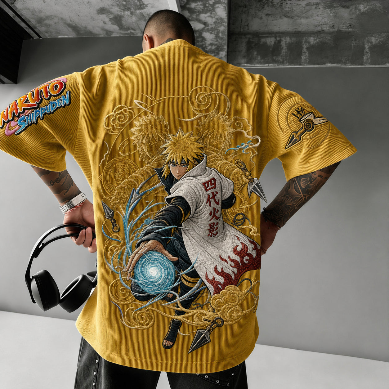 Unisex Oversized Anime-Print Vertical-Stripe Short-Sleeve T-Shirt