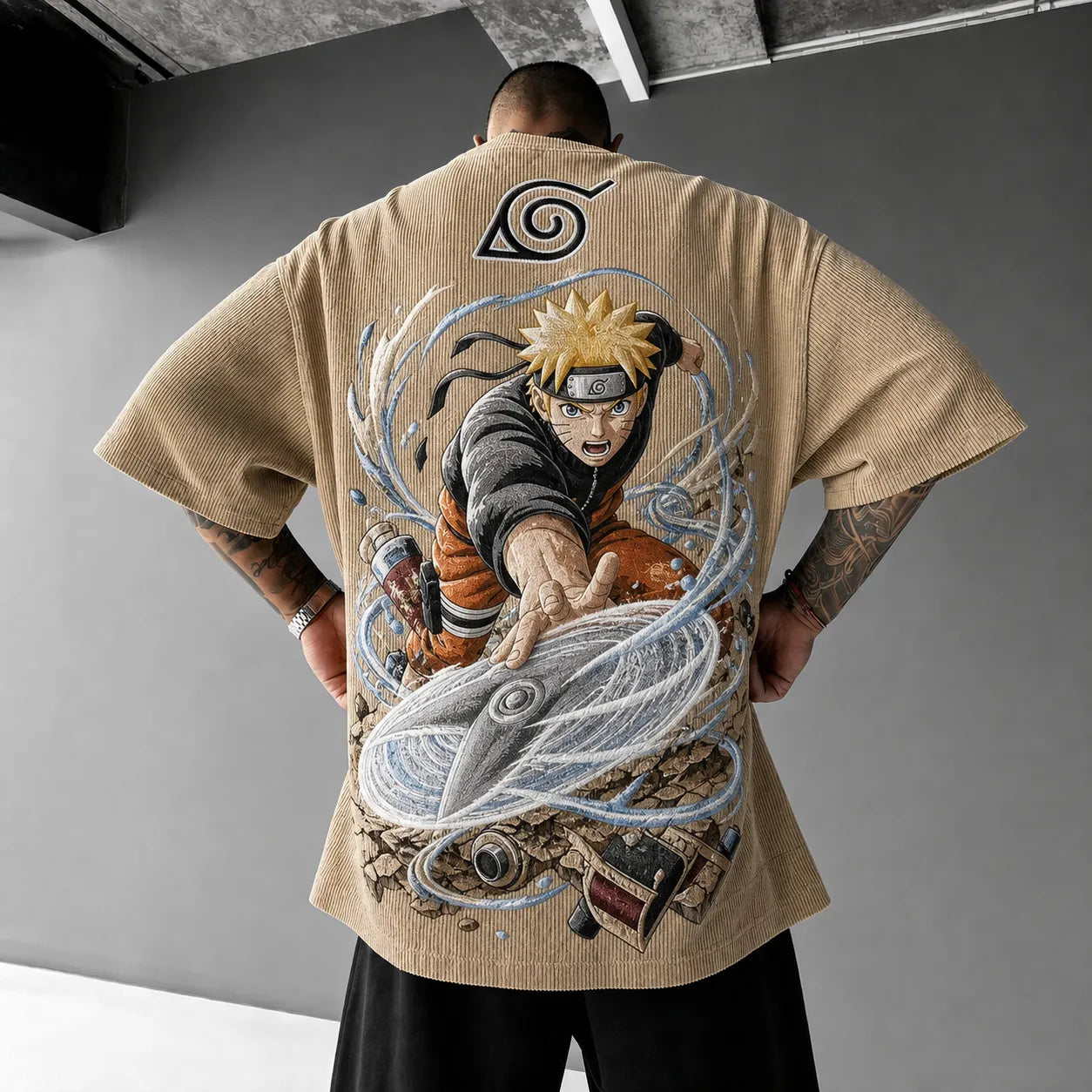 Unisex Oversized Anime-Print Vertical-Stripe Short-Sleeve T-Shirt