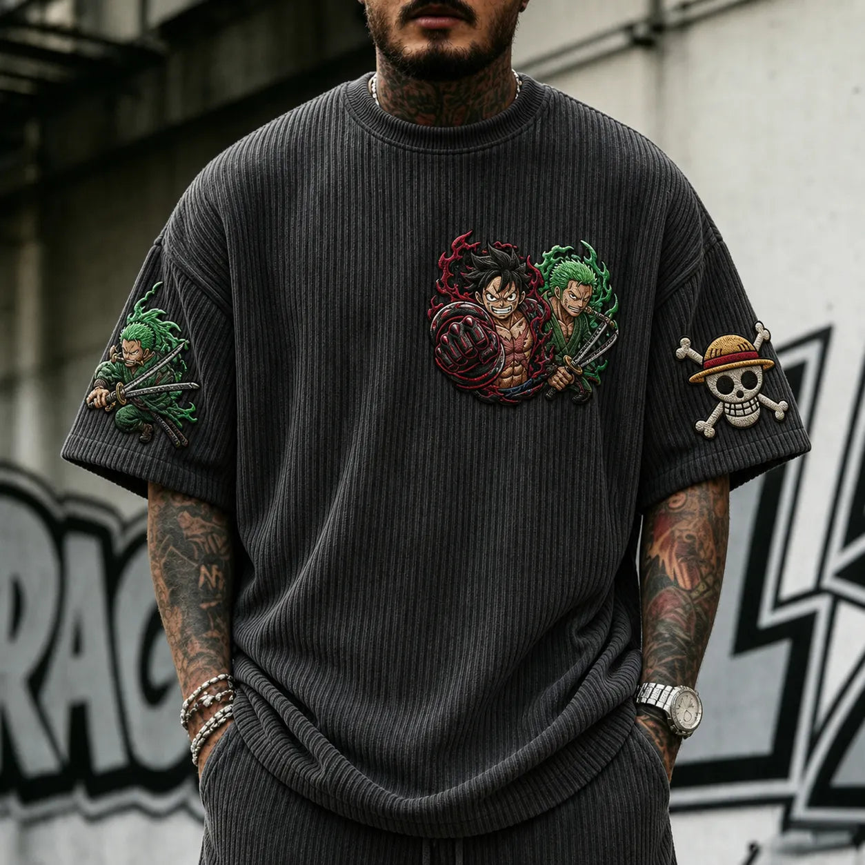 Unisex Anime-Style Retro Corduroy Oversized T-Shirt