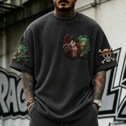 Unisex Anime-Style Retro Corduroy Oversized T-Shirt