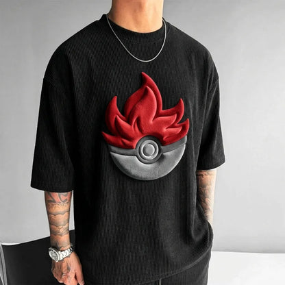Unisex Anime-Style Retro Corduroy Oversized T-Shirt