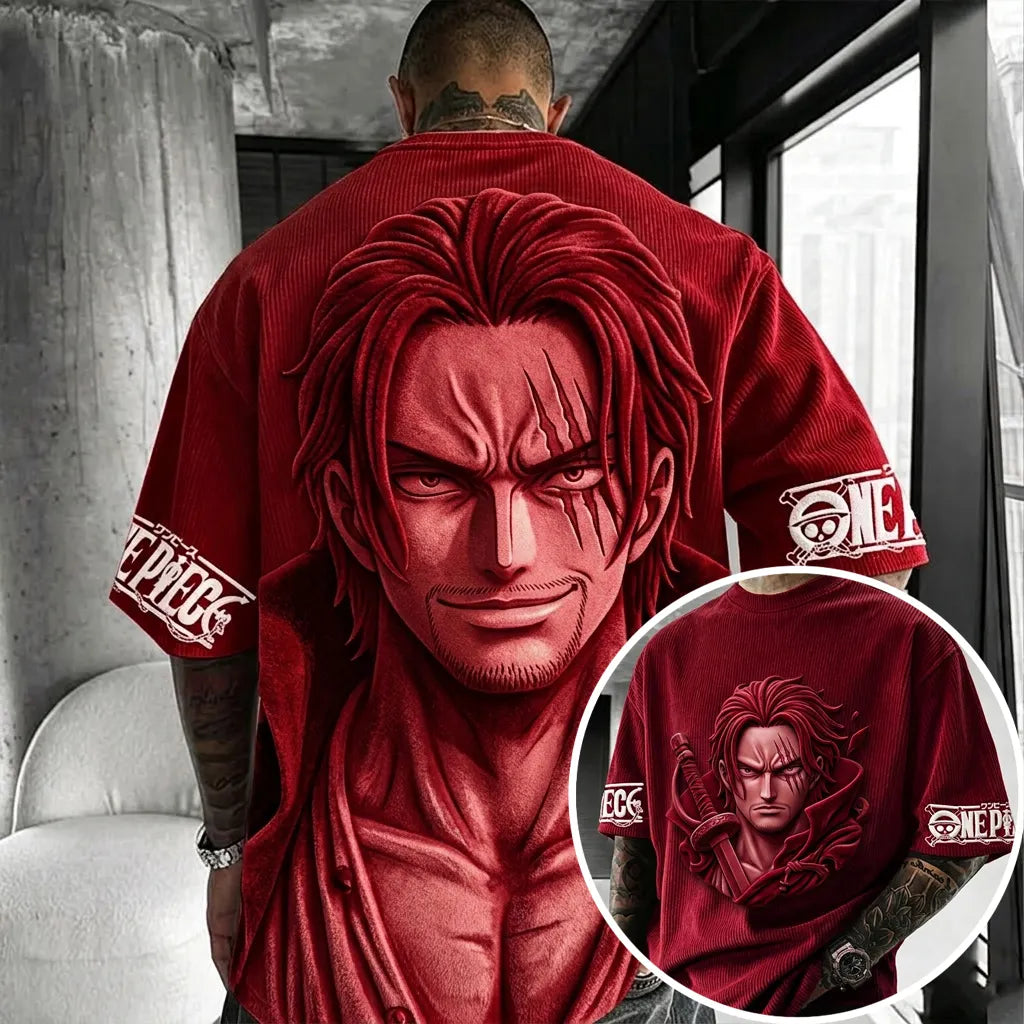 Unisex Anime-Style Retro Corduroy Oversized T-Shirt